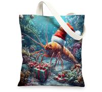 Ocean Christmas Shrimp Canvas Tote Bag for Shopping 13x15, Fun Sea Coastal Xmas Sealife Reusable Grocery Print Pattern Bag for Women Men, Holiday Beachy Aesthetic Painting Gift Decor