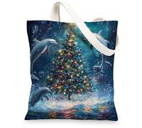 Ocean Christmas Tree Canvas Tote Bag for Shopping 13x15, Fun Xmas Sea Dolphin Reusable Grocery Print Bag for Women, Holiday New Year Aesthetic Painting Gift Decor