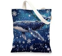 Ocean Christmas Whale Canvas Tote Bag for Shopping 13 * 15, Sea Cool Xmas Snowflake Reusable Grocery Bag for Women, Holiday Whaleife Aesthetic Painting Gift Decor