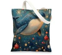Ocean Christmas Whale Canvas Tote Bag for Shopping 13 * 15, Sea Underwater Xmas Scenic Reusable Grocery Bag for Women, Holiday Whaleife Aesthetic Painting Gift Decor