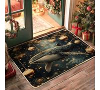 Ocean Christmas Whale Front Black Door Mat Outside Inside Entrance 29 * 17, Sea Underwater Xmas Balls Outdoor Non Slip Doormat, Small Holiday Whaleife Print Patio Garage Shoes Off Door Rug