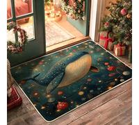 Ocean Christmas Whale Front Black Door Mat Outside Inside Entrance 29 * 17, Sea Underwater Xmas Scenic Outdoor Ultra Thin Doormat, Small Holiday Whaleife Print Shoes Off Door Rug for Patio