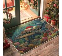 Ocean Christmas Whale Front Black Door Mat Outside Inside Entrance 29‘’x17‘’, Fantasy Sea Xmas Underwater Outdoor Entry Fromt Doormat, Small Holiday Whaleife Shoes Off Door Rug for Patio