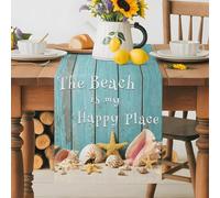 Ocean Coastal Seashell Starfish Table Runner 36 Inches Long,Table Runners Kitchen Dining Tables Decoration for Home Party Decor, Sandy Beach Teal Wood Plank Tables Runner Wedding Dresser Scarf