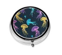 Ocean Colorful Jellyfish Pattern Round Pill Box with 3 Compartments, Mini Metal Pill Organizer for Purse or Pocket, Lightweight Portable for Daily Use Gifts Travel