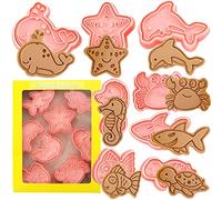 Ocean Cookie Cutters Set,Ocean Cookie Stamps,8 Piece Ocean Cookie Cutters with Plunger Stamps Set for Biscuit Fondant Baking Molds