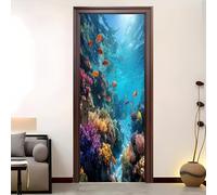 Ocean Coral Fish Schools Waterproof Self-Adhesive PVC Art Door Stickers for Interior Doors&Wall, Colorful Removable Door Poster Sticker Wallpaper Decoration for Bedroom Living Bathroom 90x200 cm