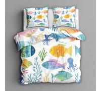 Ocean Creature Single Bed Duvet Cover Set 2 Piece with 1 Pillowcase, Colorful Fish Coral Marine Life Patterned Bedroom Decor Bedding, Soft Microfibre Quilt Cover with Zip ON#90