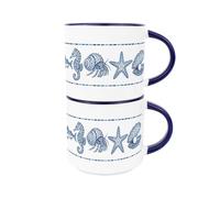 Ocean Creatures Ceramic Mugs - Large Navy Stackable Coffee Cup Gift, 2pk