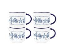 Ocean Creatures Ceramic Mugs - Large Navy Stackable Coffee Cup Gift, 4pk