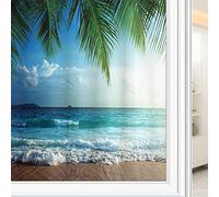 Ocean Decorative Window Film, Palms Tropical Island Beach Seashore Water Waves Hawaiian Nautical Marine, Glue Free Static Privacy PVC Window Film, W23.6 x L35.4 Inch Blue Green
