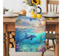 Ocean Dolphin Beach Coconut Tree Table Runner 70 Inches Long,Table Runners Kitchen Dining Tables Decoration for Home Party Decor, Coral Ocean World Tables Runner Wedding Dresser Scarf