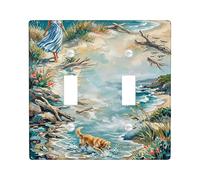 Ocean Double Light Switch Cover Plate, Coastal Natural Girl Dog Summer Blue Plastic Standard Size Toggle Light Switch Cover for Living Room Bedroom Home Office Decor