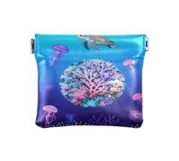 Ocean Dreams Leather Coin Purse, Small Makeup Pouch with Sea Life Design, PU Leather Wallet, 4.33x3.74 Inches, Jellyfish and Coral Pattern, Compact Card Holder