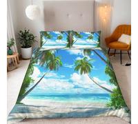 Ocean Duvet Cover Single Seaside Bedding Quilt Cover 2 Pcs, 3D Tropical Landscape Print Reversible Bedding Set Ultra Soft Brushed Microfiber Bed Set Bedroom Decor, 1 Pillowcase k373