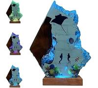 Ocean Epoxy Resin Lamp, Diver Night Light for Bedside Desk and Bedroom Decor, Handmade Marine Lamp with Manta Ray, Wooden Base, Relaxing Ocean-Themed ((Blue) Blue Light Base, 12 x 8 in)