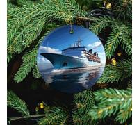Ocean Ferry Boat Ceramic Christmas Ornament - 4 Pcs Xmas Tree Porcelain Hanging Ornaments, Round Farmhouse Pendant for Xmas Tree, Holiday Party Decorations & Festive Gift 2.8 Inch