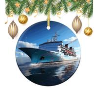 Ocean Ferry Boat Ceramic Christmas Ornaments with Gold String - Round Double Sided Porcelain Tree Decorations for Fireplace, Mantel, Wreath Holiday Party Decor (2.8 Inch)