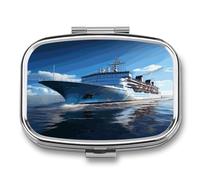 Ocean Ferry Boat Pill Box 2 Compartment Small Square Pills Case Portable for Pocket Pill Organizer Travel Metal Pill Holder for Office Home Vitamin Medicine Fish Oil