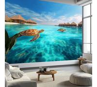 Ocean Fish Turtle Coral Reef Overwater Huts Mural Wallpaper 450 x 280 cm, Wall Decoration Paper Poster Bohemian Surrealism for Teen Kids Bedroom Playroom Home Decoration Wallpaper