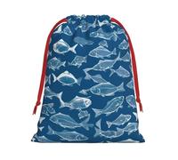 Ocean Fishes Printing Drawstring Gift Bag With Red Ribbon Soft Stylish For Christmas Halloween Fits Card Candies