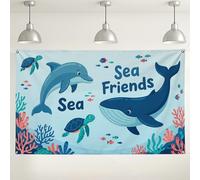 Ocean Friends Wall Backdrop, Cute Dolphin Turtle Marine Decor, Blue Underwater Picture Background for Photography Party Supplies 71x43 Inch