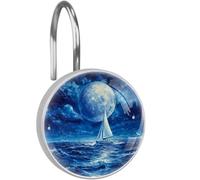 Ocean Full Moon Ship Shower Curtain Hooks, Decorative Rust Proof Stainless Steel Shower Curtain Rings for Bathroom Decor Set of 12
