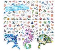Ocean Glitter Stickers for Children, 8 PCS Cute Ocean Stickers, Holographic Finish, Suitable for Books, School Bags, Tablets, Bicycles, and Drinking Cups