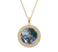 Ocean Goddess Waves Dolphins Crabs Fashion Necklace Chain Round Graphic Pendant with Diamond Jewellery Golden-style
