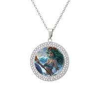 Ocean Goddess Waves Dolphins Crabs Fashion Necklace Chain Round Graphic Pendant with Diamond Jewellery Silver-style