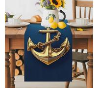 Ocean Golden Table Runner 13x48 Inches Long Anchor Gradient Blue Texture Cotton Linen Table Runner Burlap Style for Dinner Table Party Decor Tabletop Decorations