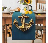 Ocean Golden Table Runner 13x48 Inches Long Anchor Gradient Green Texture Cotton Linen Table Runner Burlap Style for Dinner Table Party Decor Tabletop Decorations