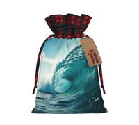 Ocean Green Wave Surf Print Christmas Drawstring Present Pouches Bag | Holiday Sacks Party Treats Birthday Wedding Thanksgiving Bags Gifts