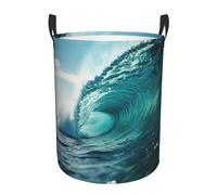 Ocean Green Wave Surf Print Round Laundry Hamper Waterproof Storage Basket Clothes Organizer Home Accessory