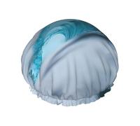 Ocean Green Wave Surf Print Shower Cap - Double Layer Breathable, Adjustable Elastic Strap, Durable Hotel Travel Essentials