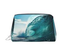 Ocean Green Wave Surf Print Small Portable Makeup Bag for Women, with 3 Inner Pockets for Travel Daily Use