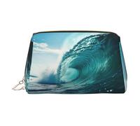Ocean Green Wave Surf Print Small Portable Makeup Bag for Women, with 3 Inner Pockets for Travel Daily Use