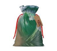 Ocean Green Wave Surf With The Shore Print Christmas Gift Bag,Storage Sack With Tags,Reusable Christmas Gift Package Bag