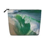 Ocean Green Wave Surf with The Shore Print Cosmetic Bag for Women,Faux Linen Makeup Bag Large Capacity,Perfect for Travel Daily Use