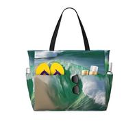 Ocean Green Wave Surf With The Shoreprint Large Capacity Beach Travel Bag,With Zipper And Pockets For Travel Vacation Gym