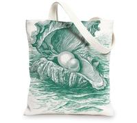 Ocean-Inspired Canvas Tote Bags, Artistic Shell Design Reusable Shopping Bags, Nautical Vintage Lightweight Washable Should, White, 13x15 Inch