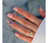 Ocean-Inspired French Tip Fake Nails Almond Shape - Elegant Deep Blue Press On False Nails Short with Whale Shark Design, Multi-Size Square Tips Stick On Extension Kit for Women