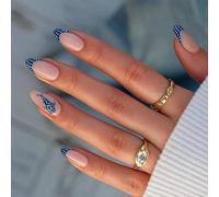Ocean-Inspired French Tip Press On Nails with Blue Border & Whale Shark Design - Short Almond Shaped Pink Transparent Fake Nails Multi Size Kit for Women Casual Beach Wear