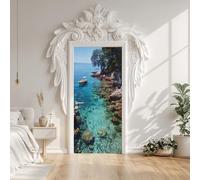Ocean Island Tree Plants Stone Boat Sunlight Door Sticker Self-Adhesive 90X200 cm, Seascape Nature Landscape Door Stickers Poster Removable Vinyl Wallpaper Poster for Interior Bedroom Decor