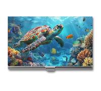 Ocean Large Sea Turtle Fish Swimming Business Card Holder, Pocket Slim Metal Business Card Case for Women Men
