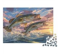 Ocean Largemouth Bass And Marlin Jumping Out of Water,Puzzles Sunset Gemusterte Nachhaltige Puzzles Für Erwachsene Hochwertige Holzspielpuzzles 1000pcs (75x50cm)