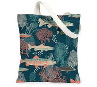 Ocean Life Canvas Tote Bags, Fish Coral Pattern Reusable Grocery Bags, Summer Nautical Bohemian Lightweight Washable Should, Navy, 13x15 Inch