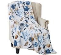 Ocean Life Coastal Throw Blanket: Soft Plush Velvet Fleece Blues Greys and Beige Brown on White, Accent with Shells Coral and Starfish (Coral Reef)