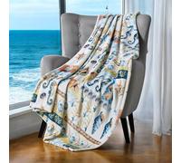 Ocean Life Coastal Throw Blanket: Soft Plush Velvet Fleece Calming Hues of Blues Greens Beige White Sealife, Seahorses Sand Dollar Accent with Shells and Coral, Oversized 50" x 70" (by The Coast)