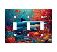 Ocean Life Light Switch Cover Plates/Outlet Covers, Blue Shark and Coral Reef Design for Kids Room Decor, Thermoplastic Wall Plates, Standard Size Triple Toggle